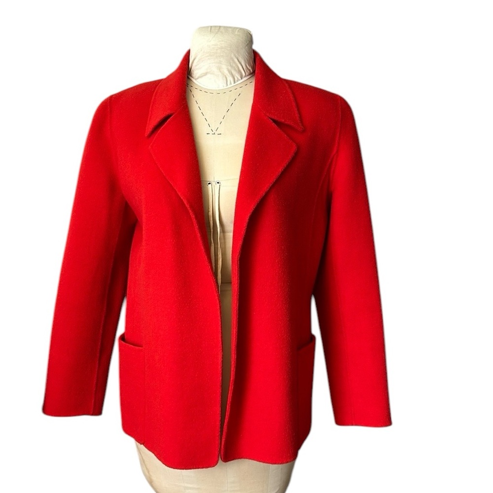 AK Anne Klein Red Wool Blend‎ Open Front Blazer Pockets Thick Festive Holiday L